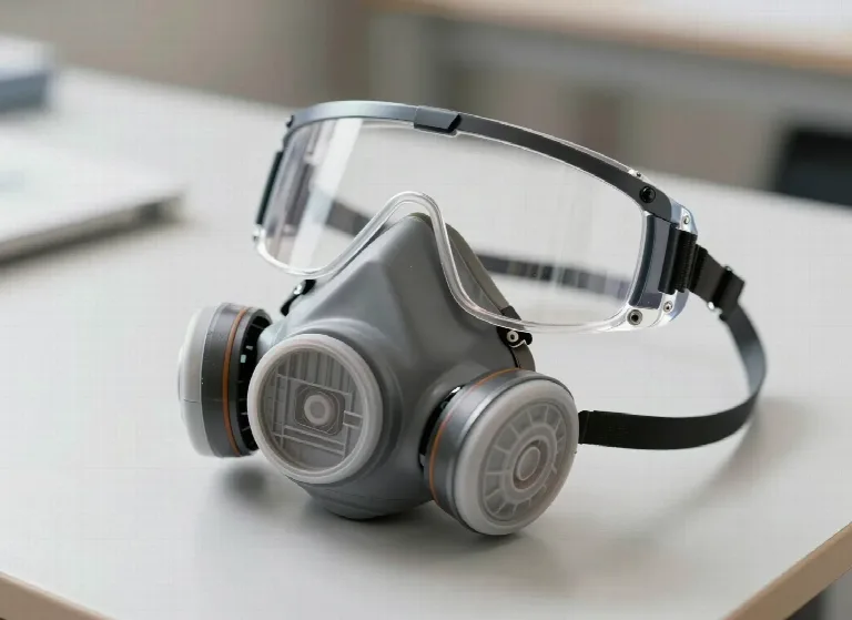 Atemschutz-Halbmaske mit zwei Filterkartuschen und Schutzbrille, bereitgelegt auf einer Arbeitsfläche.