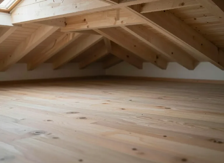 Leerer Dachboden mit offenem Holzdachstuhl, Dielenboden und Dachfenster.