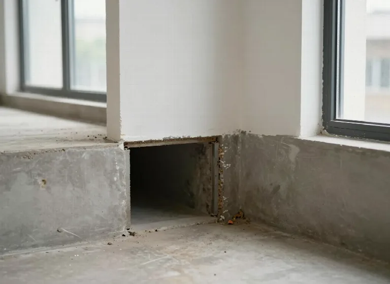 Offene Wandöffnung im Sockelbereich eines Rohbaus, davor Putzreste auf dem Betonboden.