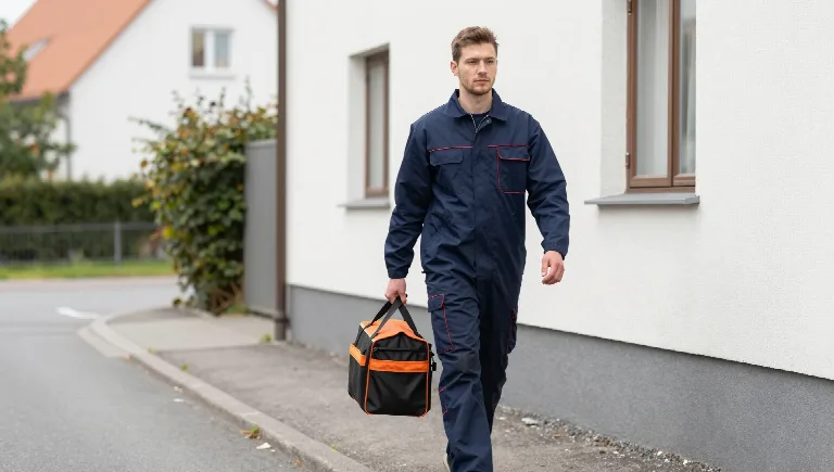 Schädlingsbekämpfer im Arbeitsoverall geht mit Werkzeugtasche auf dem Gehweg zu einem Wohnhaus.