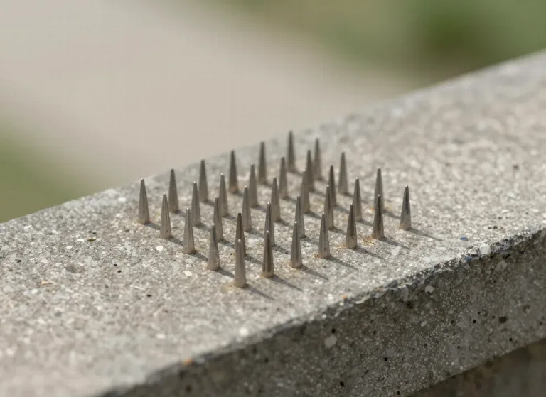 Mehrere versetzte Reihen spitzer Metalldorne auf einem breiten Betonsims als Taubenabwehr.